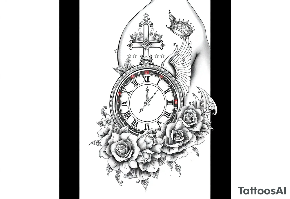 Roulette casino and princess and cross, baby angels, roses and clock and stars and fish, crown tattoo idea