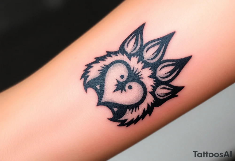 A black-and-gray shaded wolf paw forming, with sharp fur heart details and intense shading for a bold tattoo idea