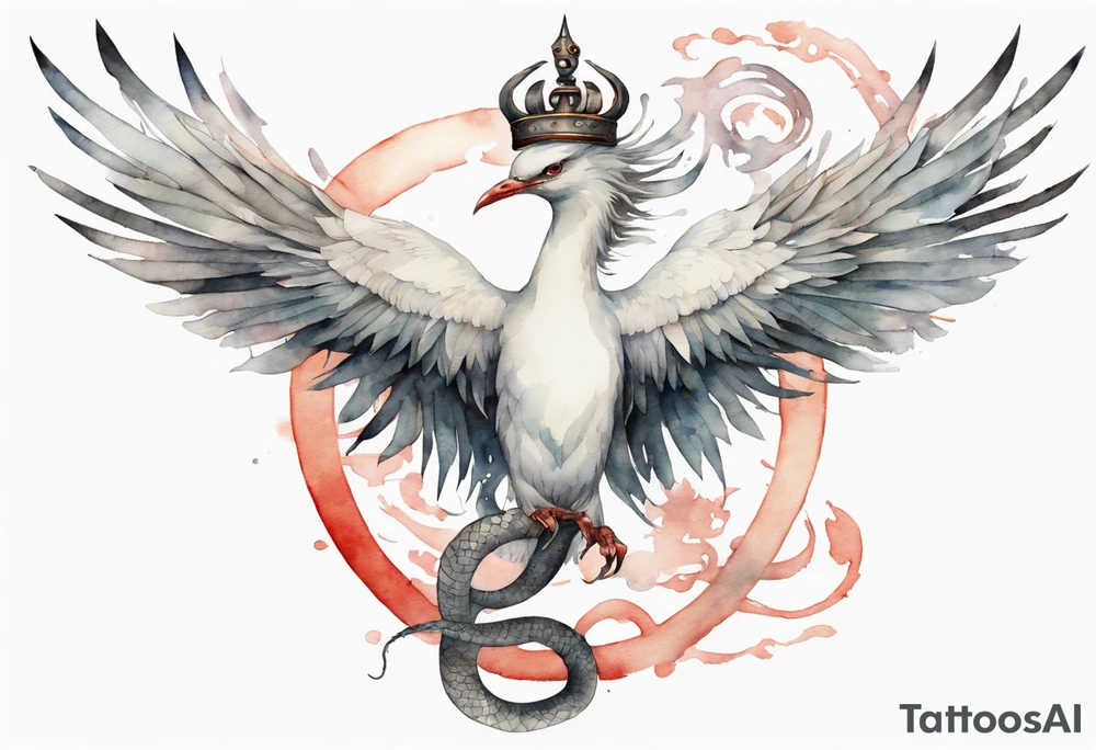 a watercolor of a white bird-serpent hybrid wearing an iron crown, flying tattoo idea