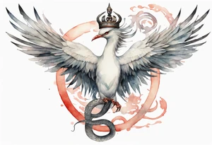 a watercolor of a white bird-serpent hybrid wearing an iron crown, flying tattoo idea