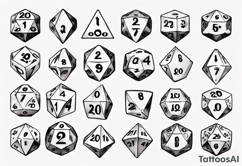 A large 20 sided dice with a 20 on top and numbers in the dice tattoo idea