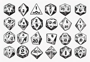 A large 20 sided dice with a 20 on top and numbers in the dice tattoo idea