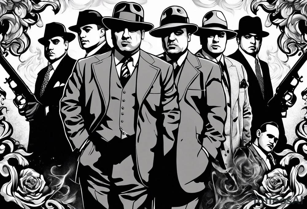 group of gangsters including Al Capone with machine guns surrounded by smoke and fire tattoo idea