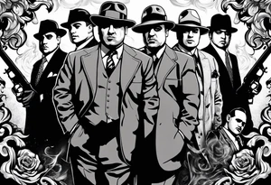 group of gangsters including Al Capone with machine guns surrounded by smoke and fire tattoo idea