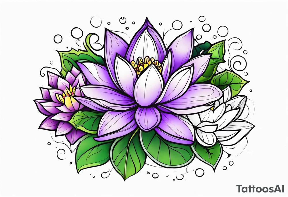 bouquet of violet, water lily, and holly tattoo idea