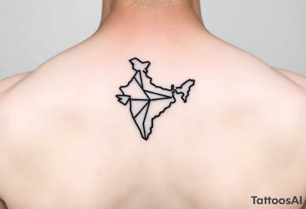 Small geometric triangle with a geometric paper plane in the shape of India with fine thin lines flying to the county of Guyana. tattoo idea
