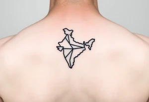 Small geometric triangle with a geometric paper plane in the shape of India with fine thin lines flying to the county of Guyana. tattoo idea