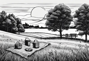 Very light and minimalstic picnic scene on meadow. A blanket iwth only a picnic-basket with lid on it. Pennants in two trees. Thin lines. tattoo idea