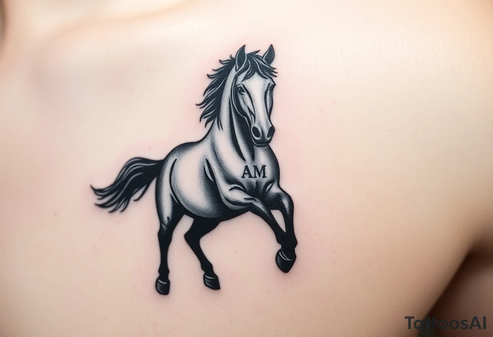 horse silhouette 
from the front which gallops from the front, with the 3 small letters discreetly integrated: L, A, M tattoo idea
