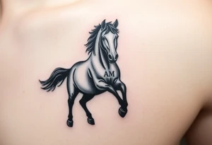 horse silhouette 
from the front which gallops from the front, with the 3 small letters discreetly integrated: L, A, M tattoo idea