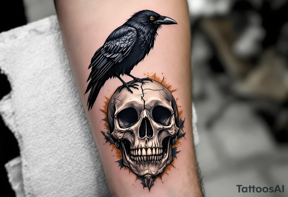 Crow and Skull – A detailed black crow standing atop a cracked human skull. Hyper-realistic style in grayscale with hints of ochre and sepia around the bones. tattoo idea