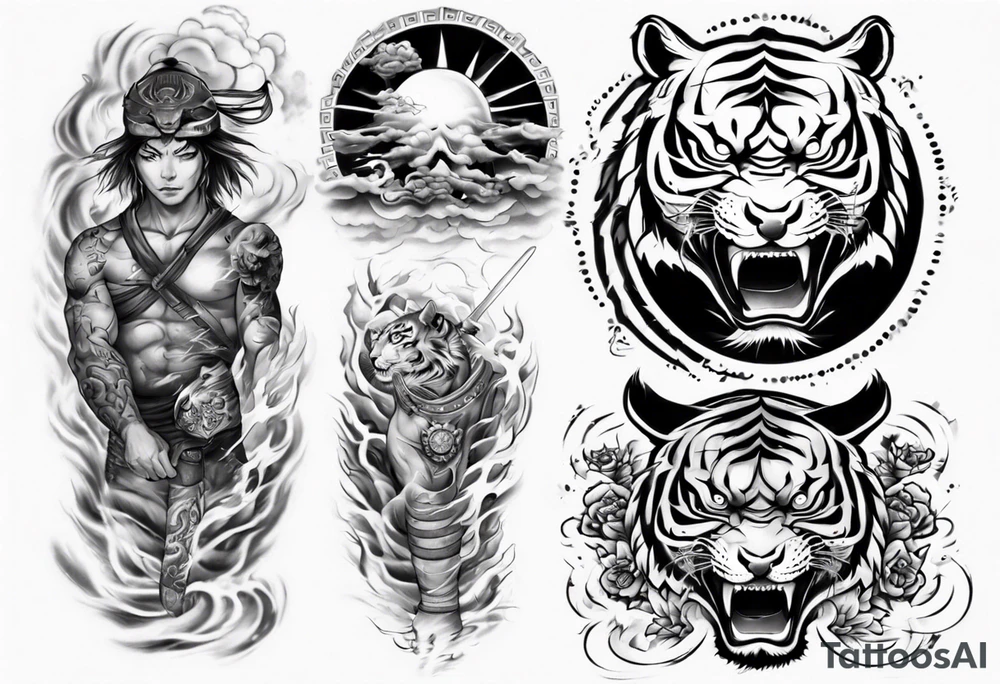 Tiger Warrior sleeve tattoo with lightning and the sun
Forearm sleeve tattoo idea