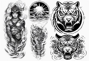Tiger Warrior sleeve tattoo with lightning and the sun
Forearm sleeve tattoo idea