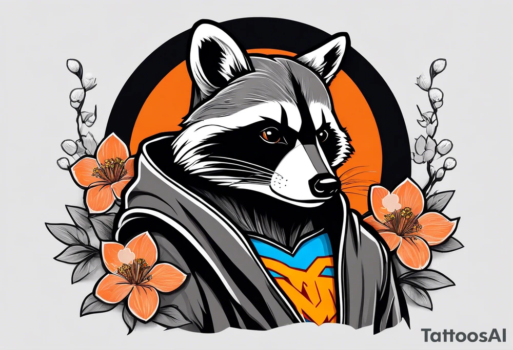 Raccoon wearing a white Superman logo on a black hoodie and orange Japanese cherry blossoms beside tattoo idea