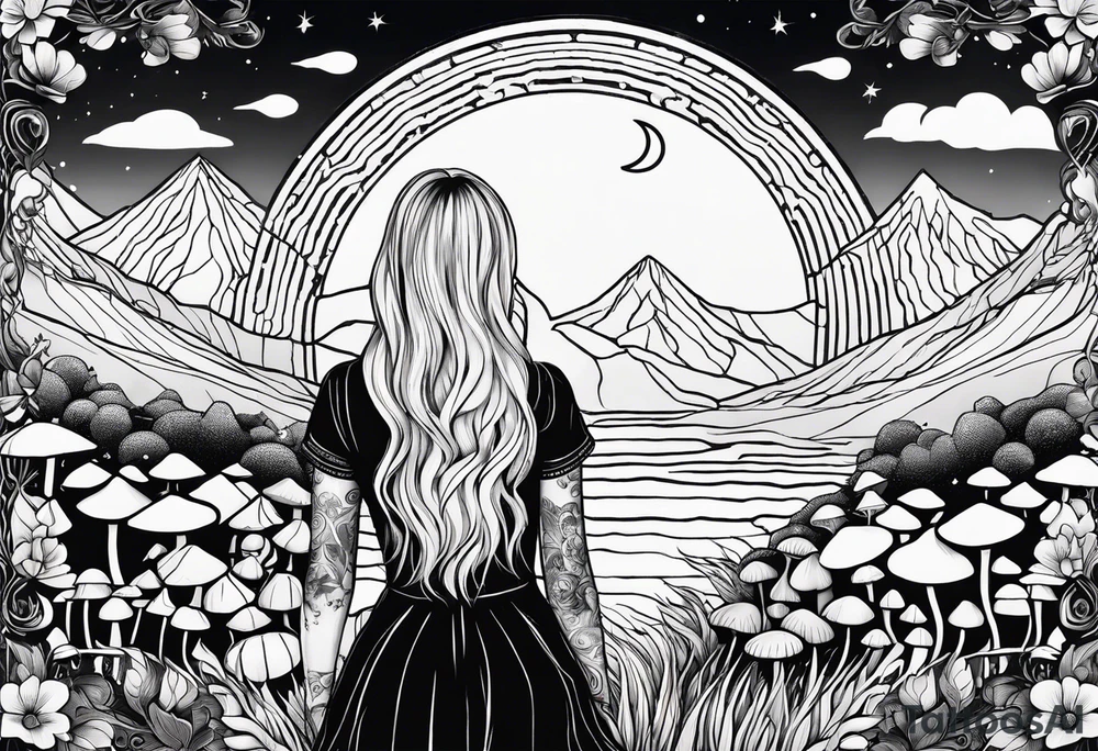 Straight blonde hair girl facing away toward mountains surrounded by mushrooms crescent moon mandala circular design black and white striped dress tattoo idea