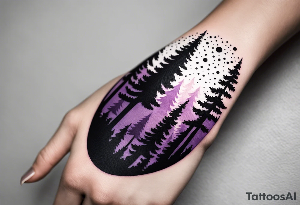 forest, purple and black, from wrist to forearm, fully covered, no borders, blackwork tattoo idea