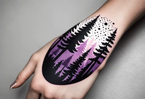 forest, purple and black, from wrist to forearm, fully covered, no borders, blackwork tattoo idea