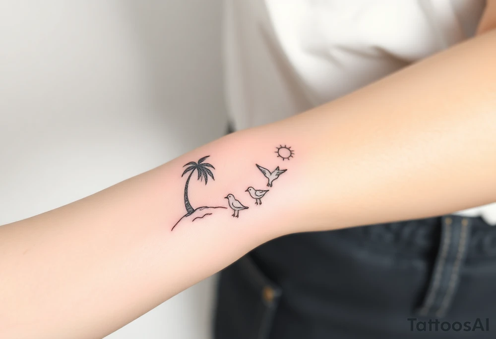 happy, peaceful, serene, timeless, ocean, sand, palm tree, seagulls, sun tattoo idea