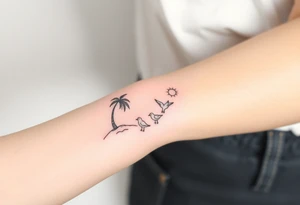 happy, peaceful, serene, timeless, ocean, sand, palm tree, seagulls, sun tattoo idea