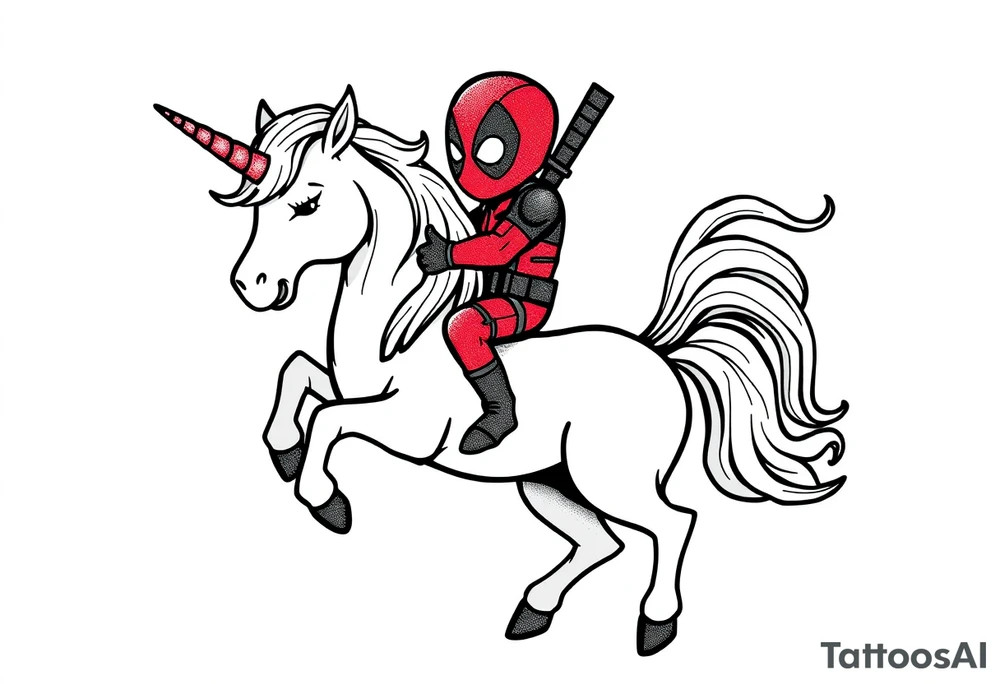 Silly glittery Deadpool riding unicorn tattoo idea