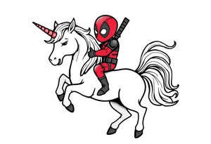 Silly glittery Deadpool riding unicorn tattoo idea