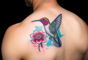 A humming bird gathering nectar from a flower, scetch style, side profile, full body view, strong vibrant colours, watercolour background tattoo idea
