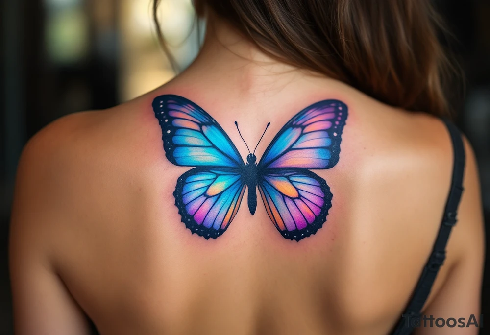 One has a half butterfly wing in shades of blue and violet, the other the mirrored wing, completing the butterfly across both bodies. tattoo idea