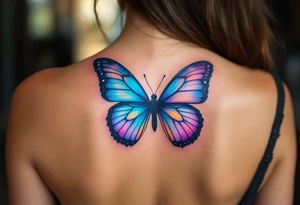 One has a half butterfly wing in shades of blue and violet, the other the mirrored wing, completing the butterfly across both bodies. tattoo idea