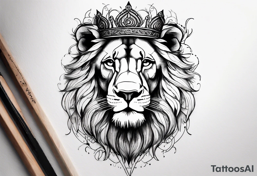 I want a detailed lion with a cross scar over his eye and a thorn crown on his head with maybe a little bit of floral work in the crown tattoo idea