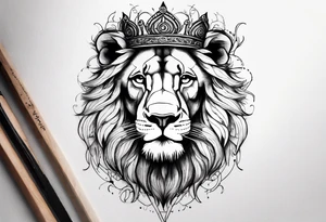 I want a detailed lion with a cross scar over his eye and a thorn crown on his head with maybe a little bit of floral work in the crown tattoo idea