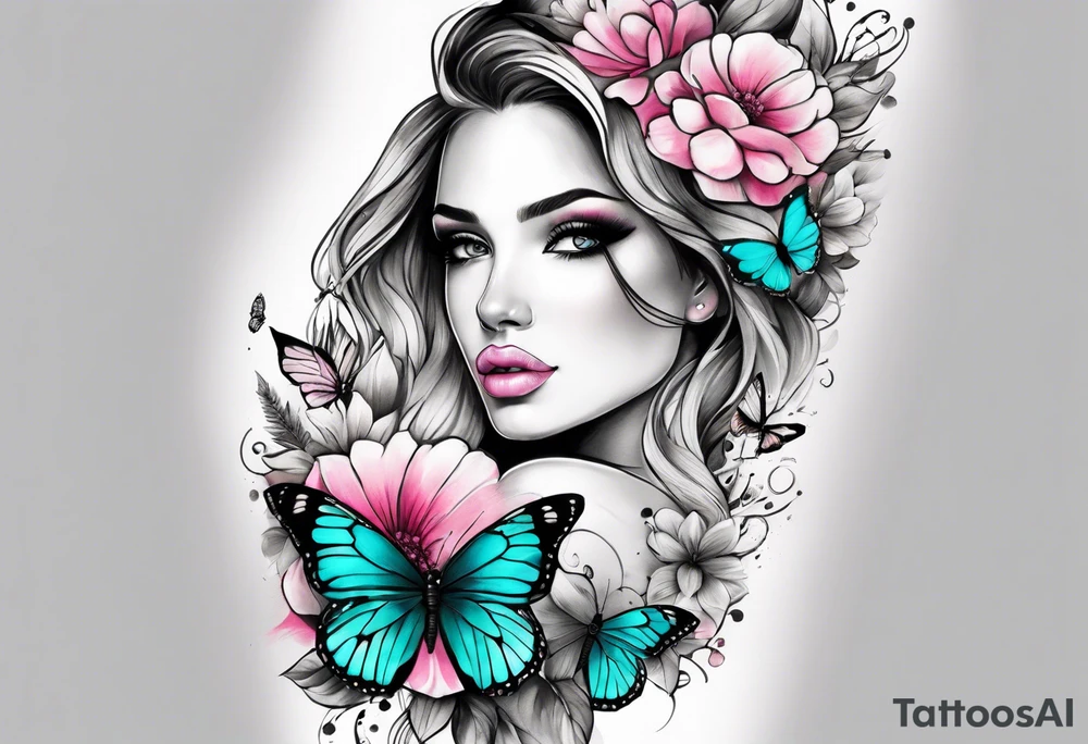 Female arm sleeve with pink, white, and teal flowers and butterflies tattoo idea