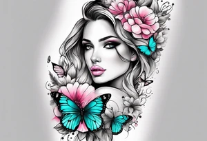 Female arm sleeve with pink, white, and teal flowers and butterflies tattoo idea