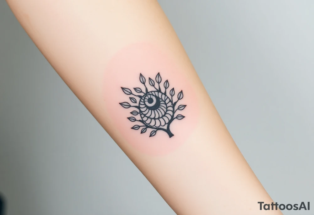 Fibonacci spiral shell inside of tree full of lots of leaves tattoo idea