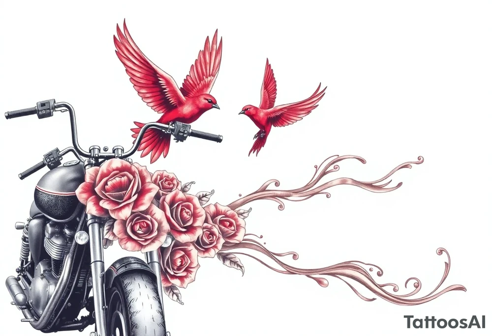Motorcycle, two red birds flying, roses and lace, flames tattoo idea