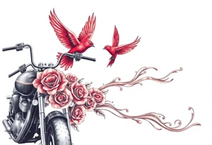 Motorcycle, two red birds flying, roses and lace, flames tattoo idea