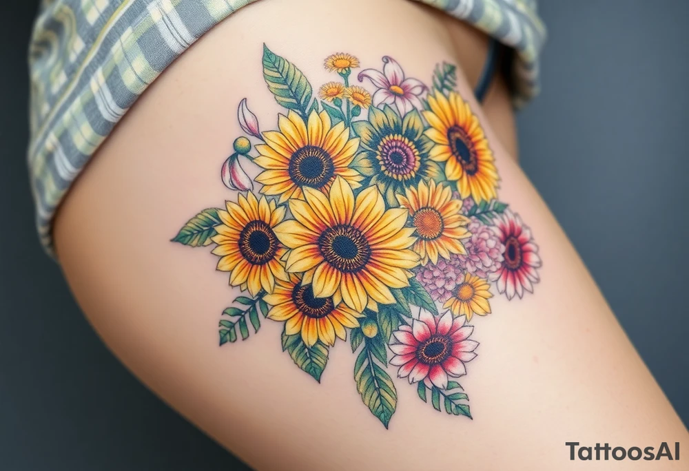 Bouquet of sunflowers, water Lillies, dahlias, marigolds, carnations, hydrangeas, daisys, and chrysanthemums tattoo idea