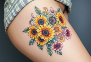 Bouquet of sunflowers, water Lillies, dahlias, marigolds, carnations, hydrangeas, daisys, and chrysanthemums tattoo idea