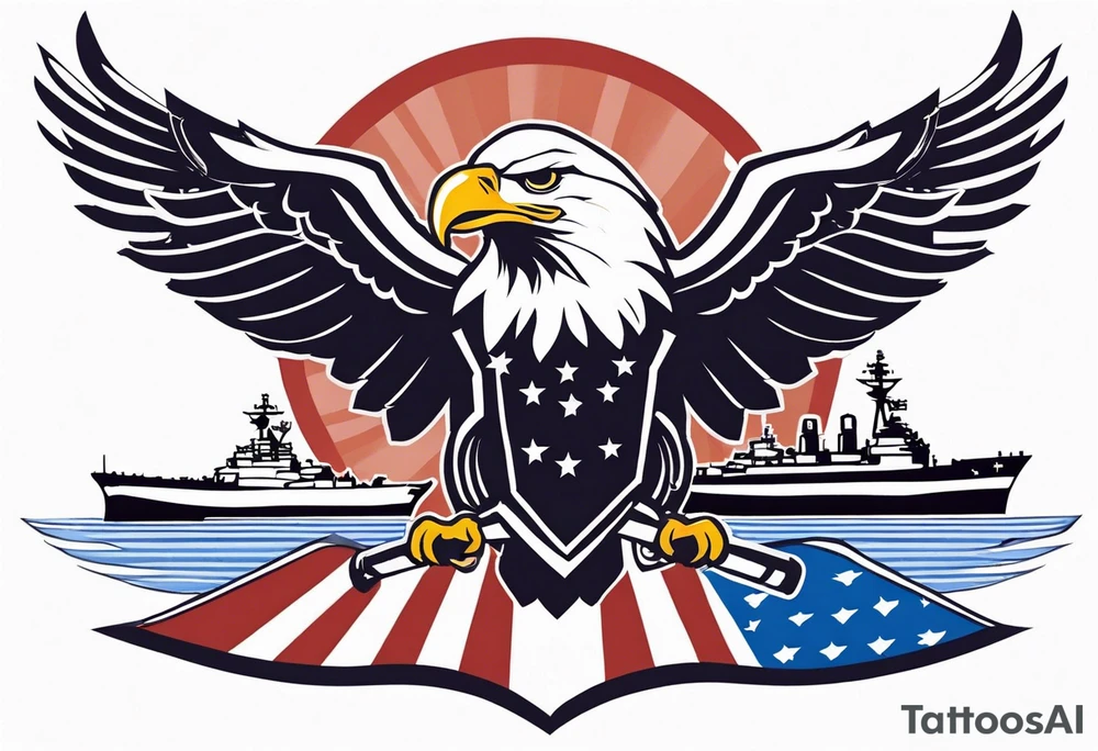 eagle flying in front of aircraft carrier holding American flag in beak tattoo idea