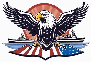 eagle flying in front of aircraft carrier holding American flag in beak tattoo idea