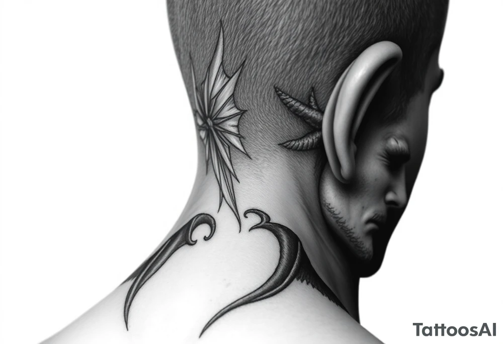 position behind the neck Angel (on the right) whispering in the right ear, demon (on the left) whispering in the left ear. It must be as realistic as possible. tattoo idea