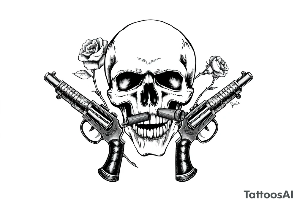 A realistic skull with a cigar in its mouth, crossed by two antique pistols and thorny rose stems. tattoo idea