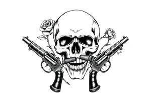 A realistic skull with a cigar in its mouth, crossed by two antique pistols and thorny rose stems. tattoo idea