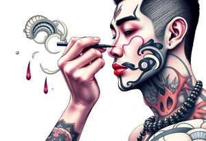 Handsome Asian young guy is putting ritual make up on tattoo idea