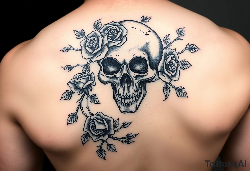 gothic skull intertwined with climbing roses and thorny vines tattoo idea