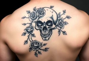 gothic skull intertwined with climbing roses and thorny vines tattoo idea