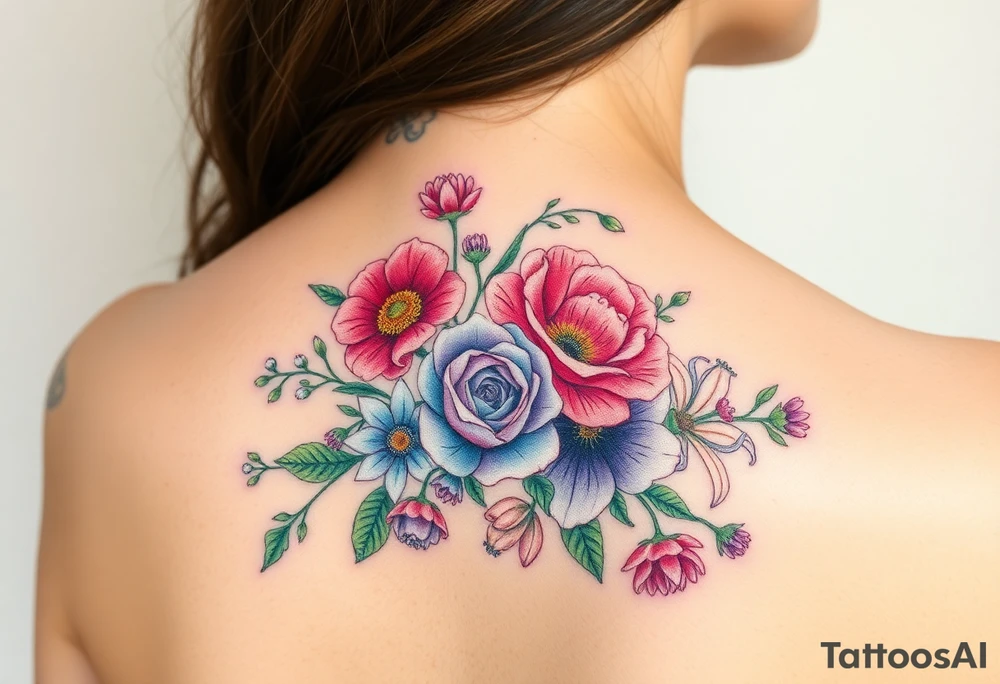 Carnation, Aster,Rose, Lily of the valley, Larkspur, watercolor flowers, middle of back clump together tattoo idea