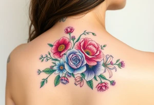 Carnation, Aster,Rose, Lily of the valley, Larkspur, watercolor flowers, middle of back clump together tattoo idea