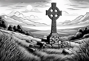 A stone Celtic cross standing solemnly atop a hill. A ruined stone wall lies crumbling near the cross tattoo idea