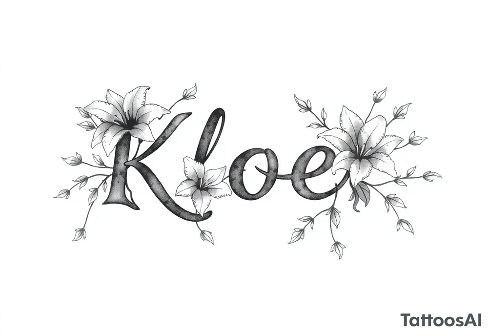 The word Kloee surrounded by lilies with the vines in letters tattoo idea
