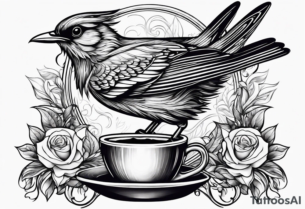 Bird drinking coffee reading books tattoo idea Bird drinking coffee reading books tattoo idea